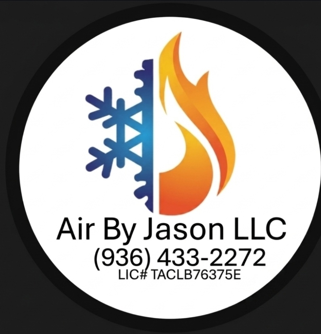 The Air By Jason LLC logo: a blue snowflake and an orange flame side by side, above the business name, the phone number (936) 433-2272 and license number TACLB76375E.