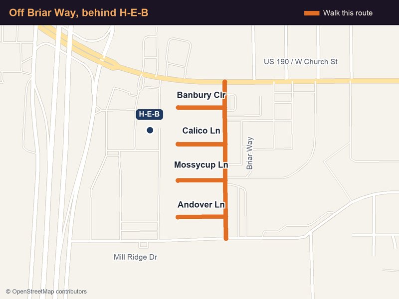 Map of the trick-or-treat route off Briar Way behind H-E-B: Banbury Circle, Calico Lane, Mossycup Lane and Andover Lane, between US 190 and Mill Ridge Drive.