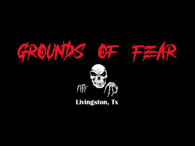 Grounds of Fear logo: dripping red lettering over a white skull with bony hands, and 'Livingston, Tx' beneath.