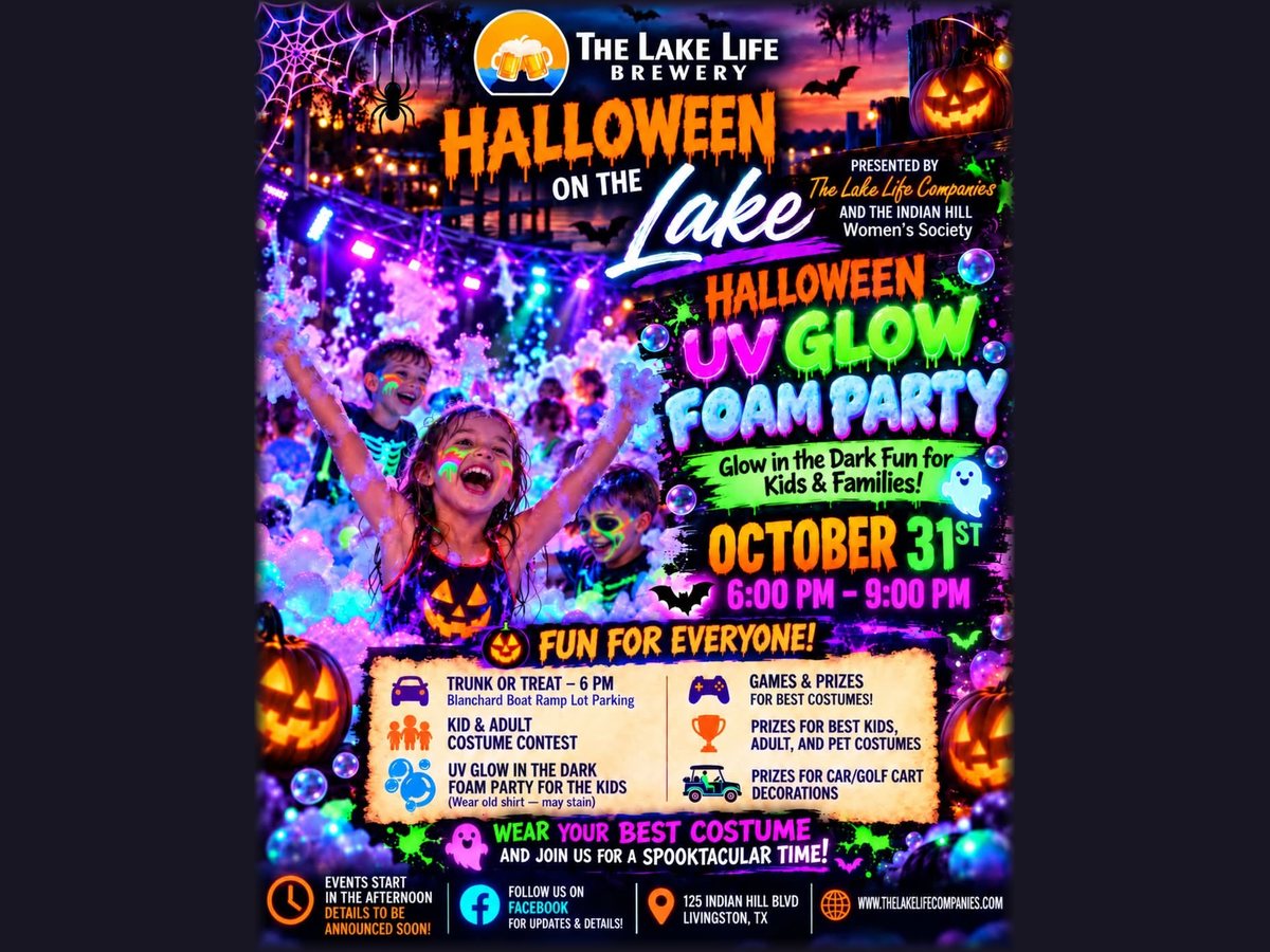 Halloween on the Lake flyer from The Lake Life Brewery: an illustrated scene of kids in glow face paint at a UV foam party, with the date October 31st, 6:00 PM to 9:00 PM, trunk-or-treat at 6 PM in the Blanchard Boat Ramp lot, costume contests and prizes, at 125 Indian Hill Blvd, Livingston.