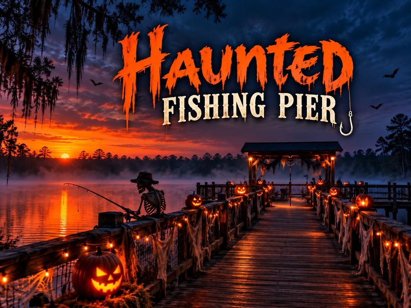 Haunted Fishing Pier: a wooden fishing pier at sunset over a misty lake, lined with jack-o'-lanterns, string lights and cobwebs, with a skeleton fishing off the rail.