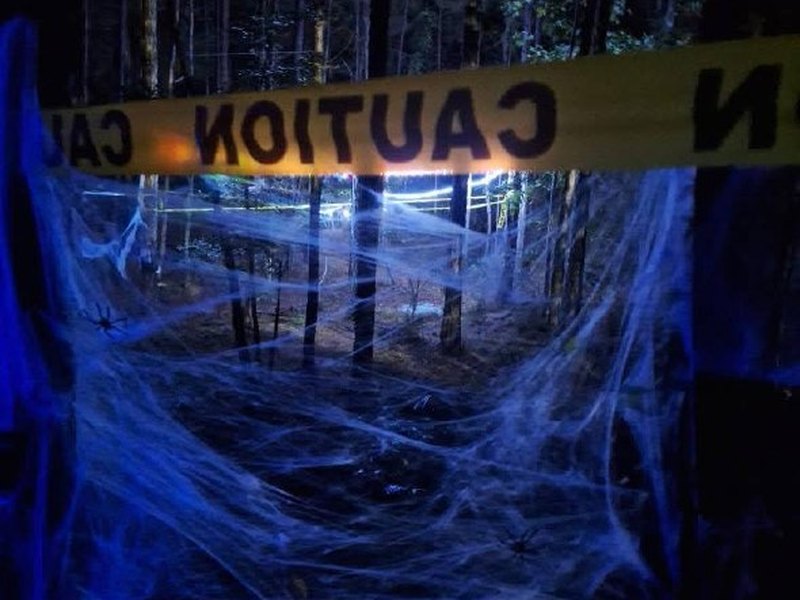 The Haunted Woods trail at night: yellow caution tape strung across the entrance, with spider webs glowing blue between the pine trees.