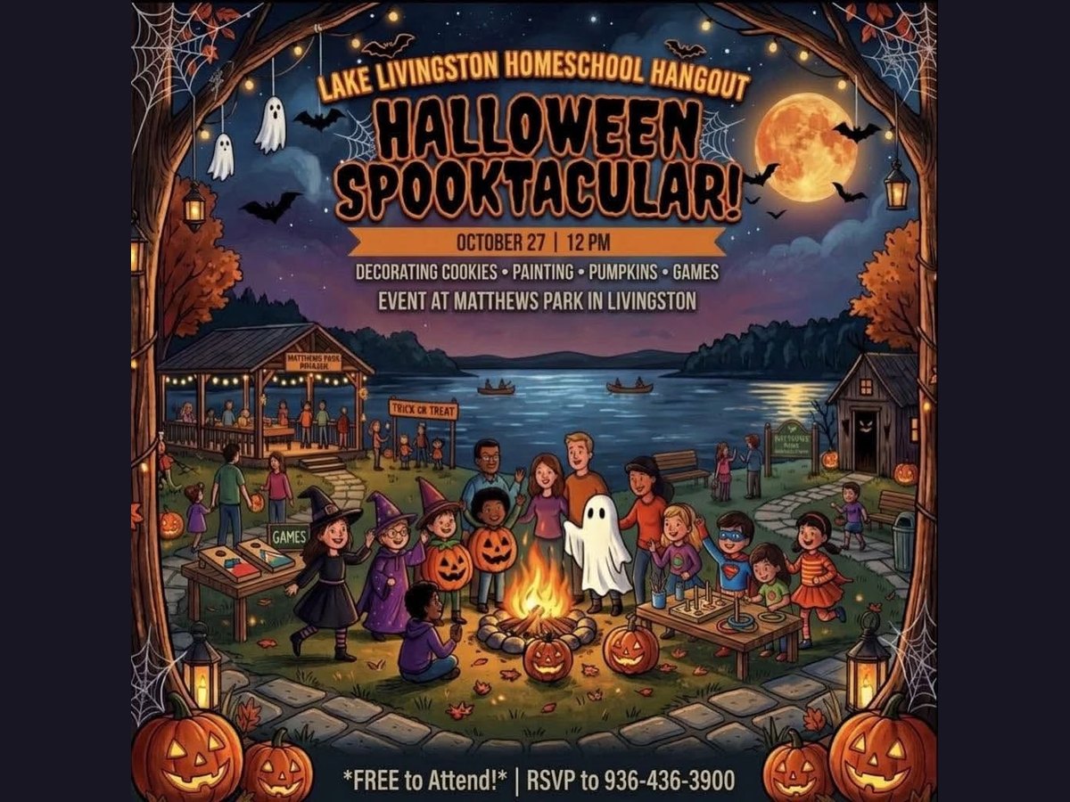 Illustrated flyer for the Lake Livingston Homeschool Hangout Halloween Spooktacular: kids in costumes around a campfire with jack-o'-lanterns, cookie and games tables, October 27 at 12 PM at Matthews Park in Livingston, free to attend, RSVP to 936-436-3900.