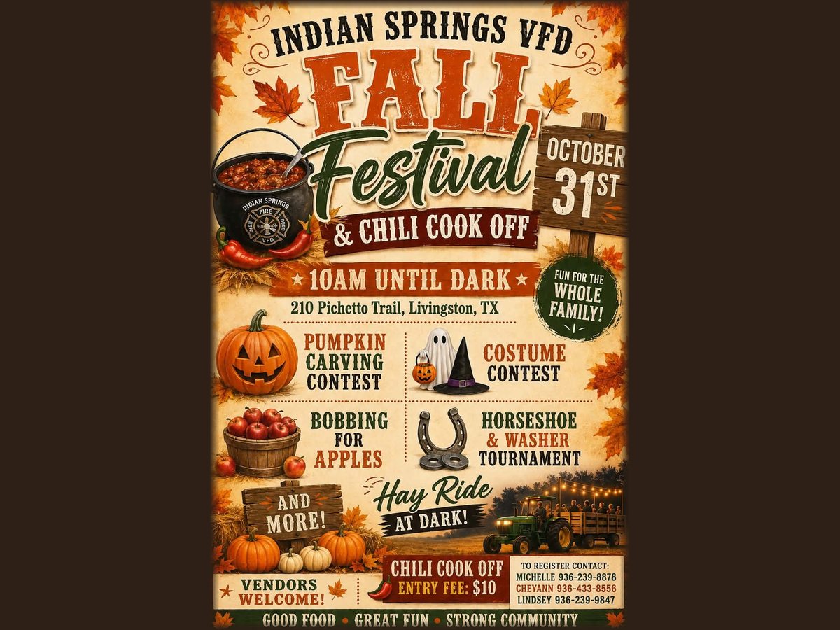 Indian Springs VFD Fall Festival & Chili Cook Off flyer: an illustrated autumn poster with a chili pot, pumpkins, apples, horseshoes and a hay ride, reading October 31st, 10 AM until dark, 210 Pichetto Trail, Livingston, chili cook-off entry fee $10, with three registration contacts.