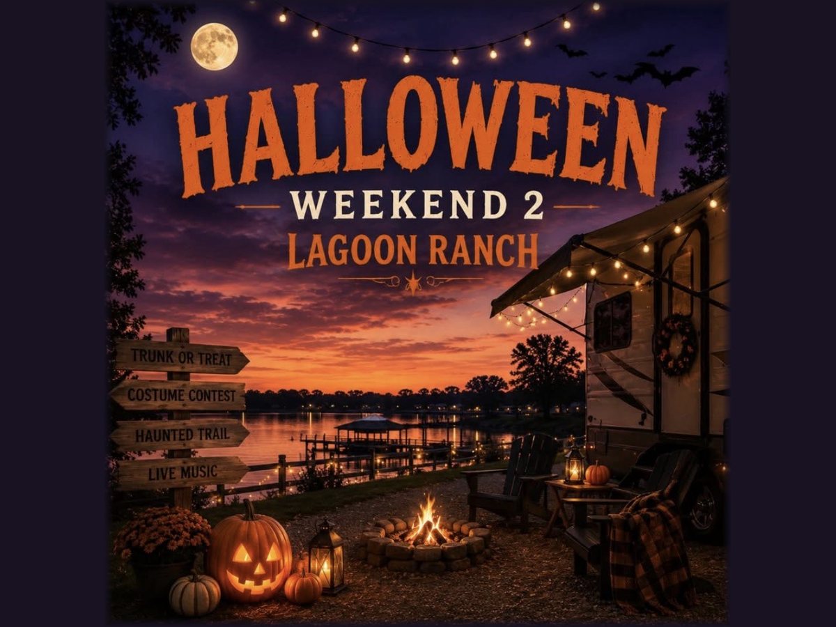 Lagoon Ranch 'Halloween Weekend 2' graphic: an illustrated lakeside RV site at dusk with a campfire, jack-o'-lanterns and a signpost pointing to Trunk or Treat, Costume Contest, Haunted Trail and Live Music.