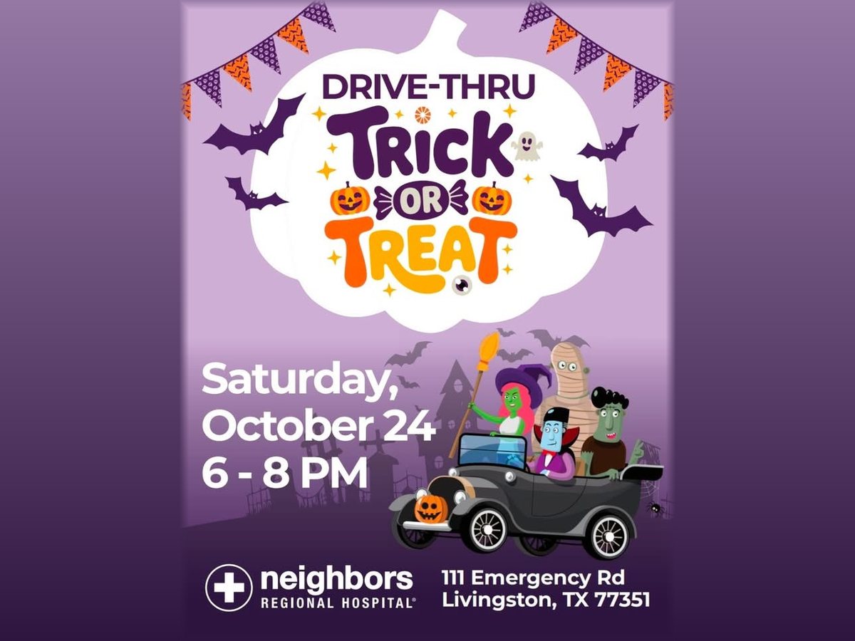 Neighbors Regional Hospital Drive-Thru Trick or Treat flyer: cartoon monsters riding in an old car under bats and bunting, reading Saturday, October 24, 6 to 8 PM, 111 Emergency Rd, Livingston.