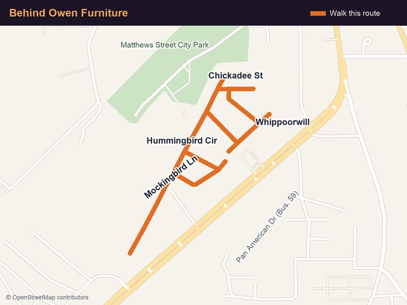 Map of the trick-or-treat route behind Owen Furniture: Mockingbird Lane, Chickadee Street, Whippoorwill and Hummingbird Circle, next to Matthews Street City Park and Pan American Drive.