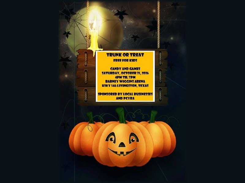 PCYRA Trunk or Treat flyer: a wooden sign hanging from ropes under a lit candle and full moon, above a row of jack-o'-lanterns. Free for kids, candy and games, Saturday October 31 2026, 4 PM til 7 PM, Barney Wiggins Arena, Hwy 146, Livingston.