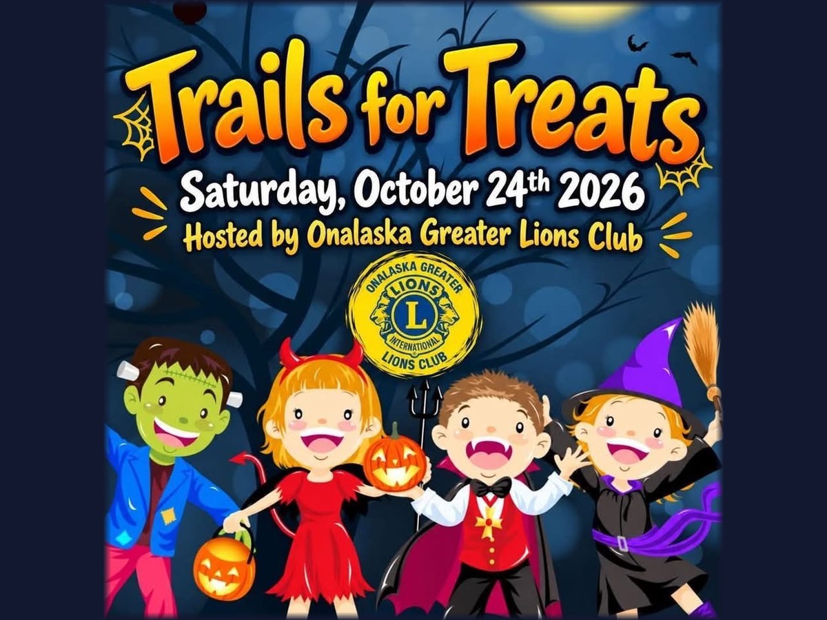 Trails for Treats flyer: four cartoon kids in costume (Frankenstein, a devil, a vampire and a witch) under a full moon, reading Saturday, October 24th 2026, hosted by Onalaska Greater Lions Club, with the club's Lions emblem.
