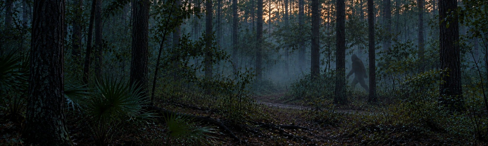 Illustration: a foggy East Texas pine forest at dusk with a dim upright figure far back among the trees.